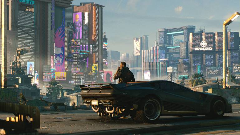 Personagem observa Night City.