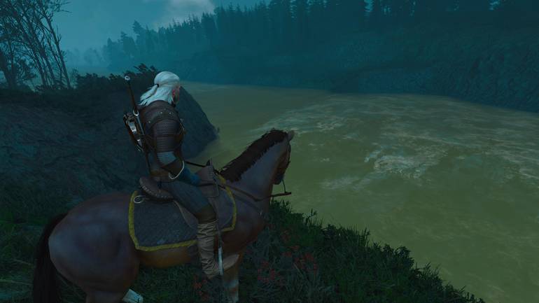 Geralt observa o rio.