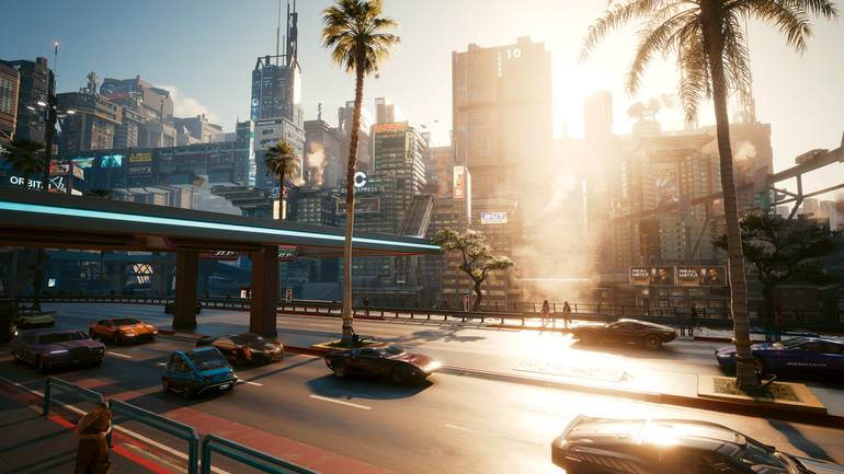 Paisagem de estrada em Night City.