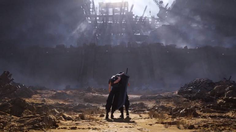 Cena final do trailer de Final Fantasy VII Rebirth mostra Cloud e Zack agachados no chão na frente de uma estrutura destruida 