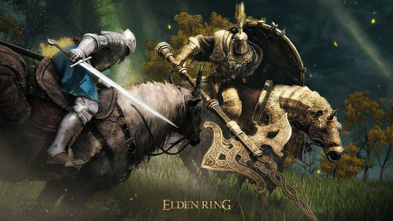 Imagem de divulgação de Elden Ring mostra o protagonista enfrentando um cavaleiro que usa uma armadura dourada e uma lança. 