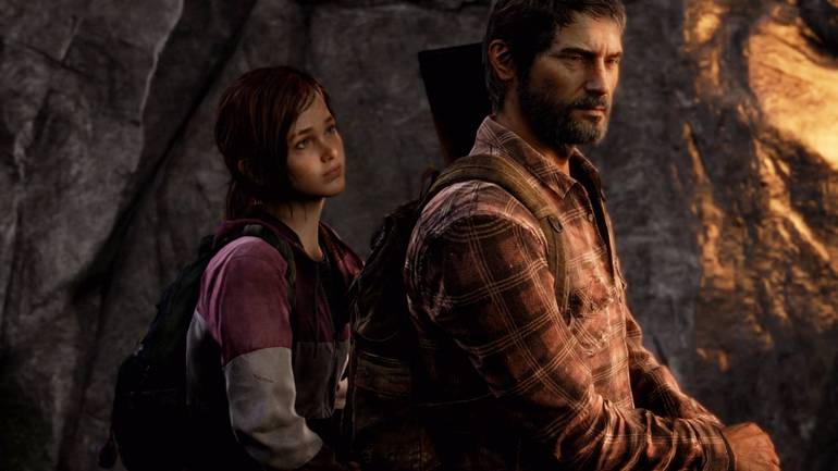 Cena do The Last of Us original mostra Joel e Ellie em cima de um cavalo. Atrás deles está uma parede de tijolos.