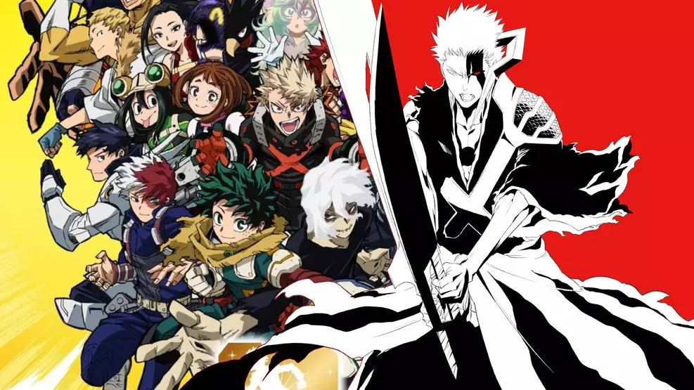 Montagem com artes de My Hero Academia e Bleach, animes que acabam em 2026