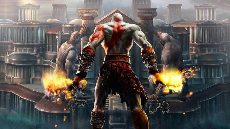 Kratos de costas em God of War 2.