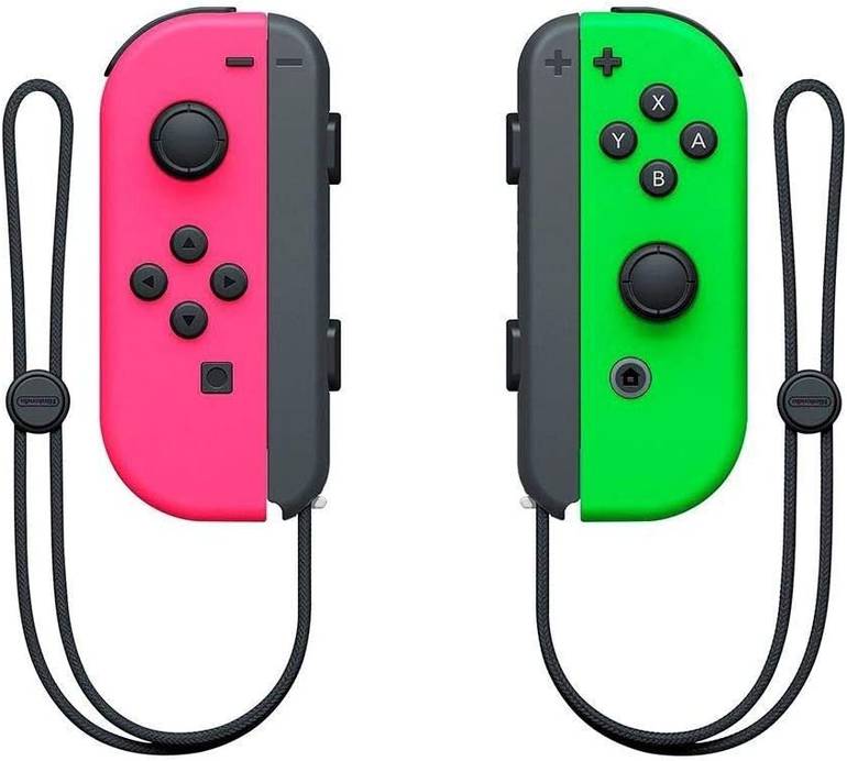 Foto dos controles Joy Con de Nintendo Switch nas cores verde e rosa