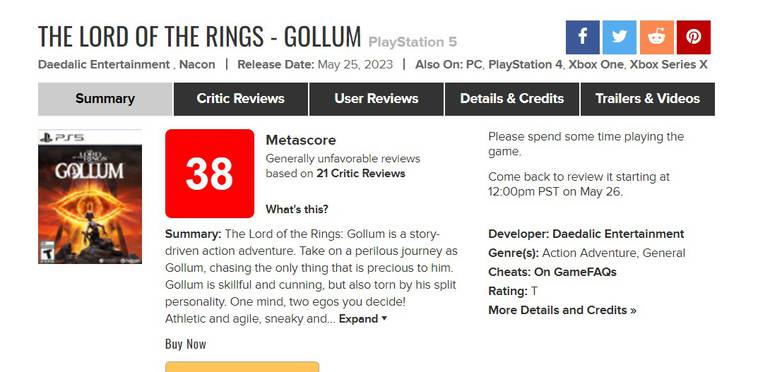 Jogo do Gollum tem pior nota no Metacritic em 2023 (até agora)