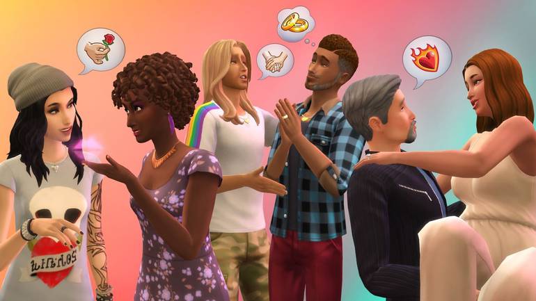 Imagem de divulgação de The Sims 4 mostra três casais de Sims conversando sobre temas relacionados à relacionamento