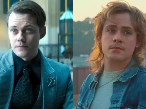 Bill Skarsgård e Dacre Montgomery, em cenas de John Wick 4 e Stranger Things