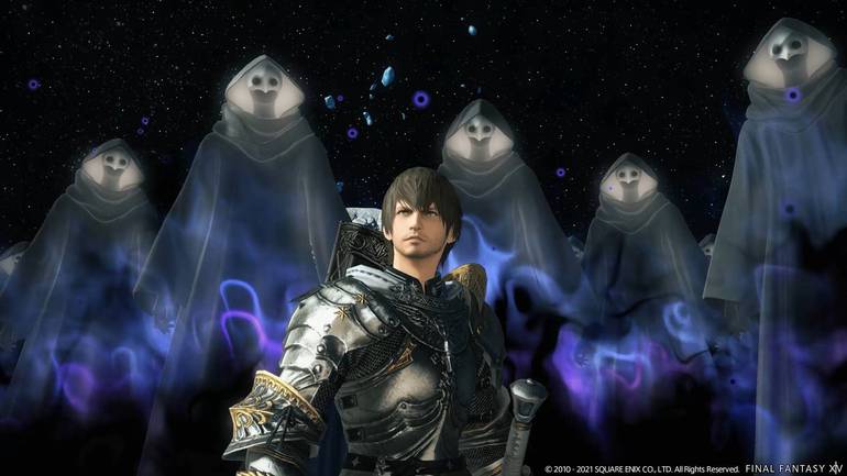 Personagem principal de Final Fantasy 14 olha para a tela.