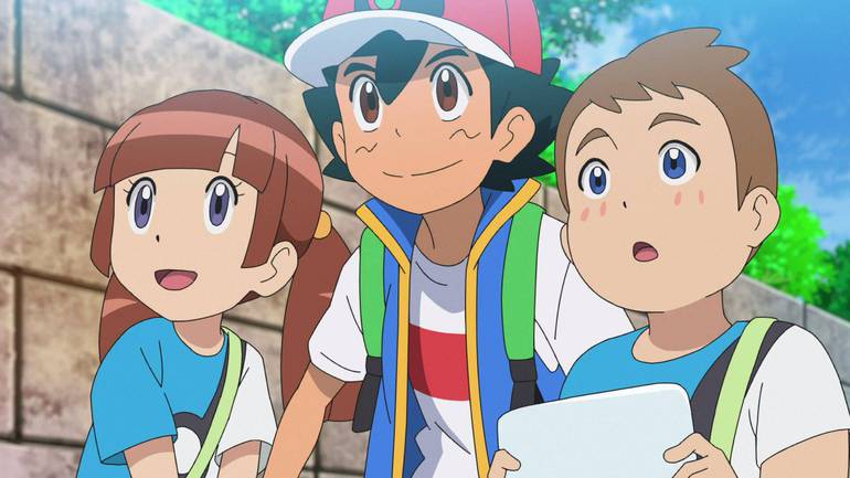 Imagem do anime de Pokémon mostra Ash e outras duas crianças