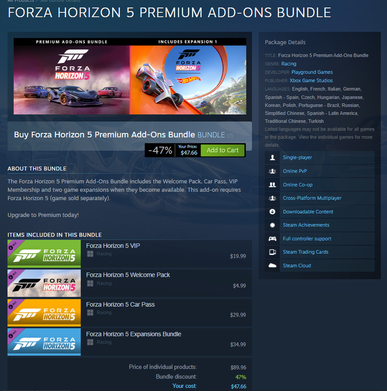 Listagem vazada da primeira expansão de Forza Horizon 5, temática de Hot Wheels, com pacotes e preços.