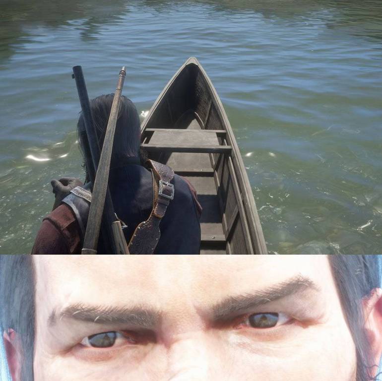 Barco refletido nos olhos de Arthur Morgan.