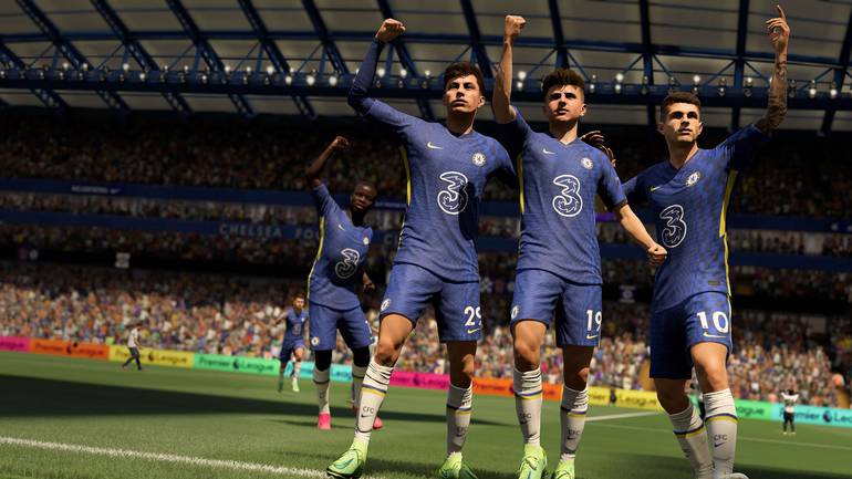 Imagem de gameplay de FIFA 22, com jogadores do Chealsea