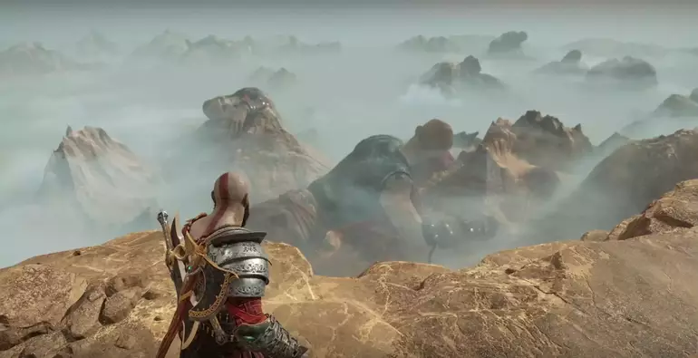 Kratos observa os gigantes caídos em God of War.