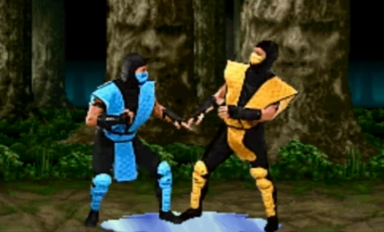 Scorpion and Sub-Zero fight in the forest.