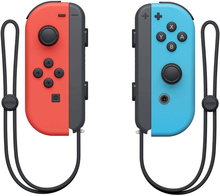 Foto dos controles Joy Con de Nintendo Switch nas cores azul e vermelho