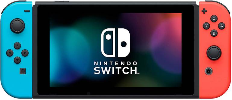 Foto do console híbrido Nintendo Switch. O modelo padrão com os controles Joy Con nas cores vermelho e azul neon e bateria estendida