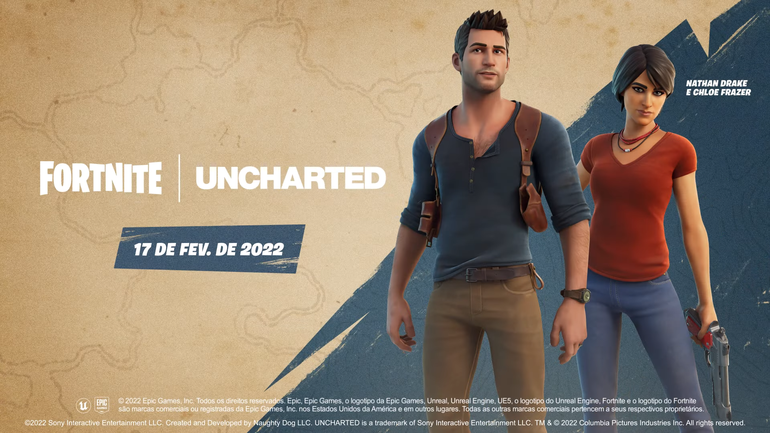 Imagem de divulgação do crossover de Fortnite com Uncharted mostra as skins de Nathan Drake e Chloe