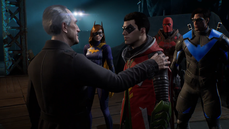 imagem de gameplay com todos os os personagens robin, asa noturna, batgirl e capuz vermelho com Alfred