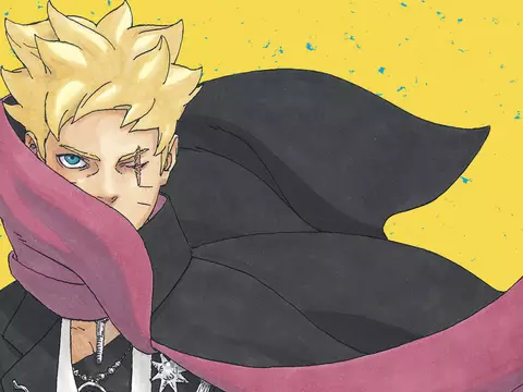 Boruto com a capa ao vento.