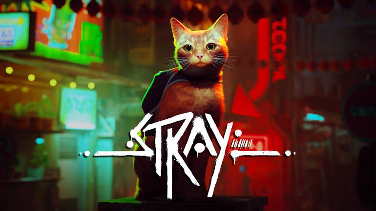 Imagem de divulgação de Stray mostra o gatinho laranja protagonista do jogo olhando para a tela