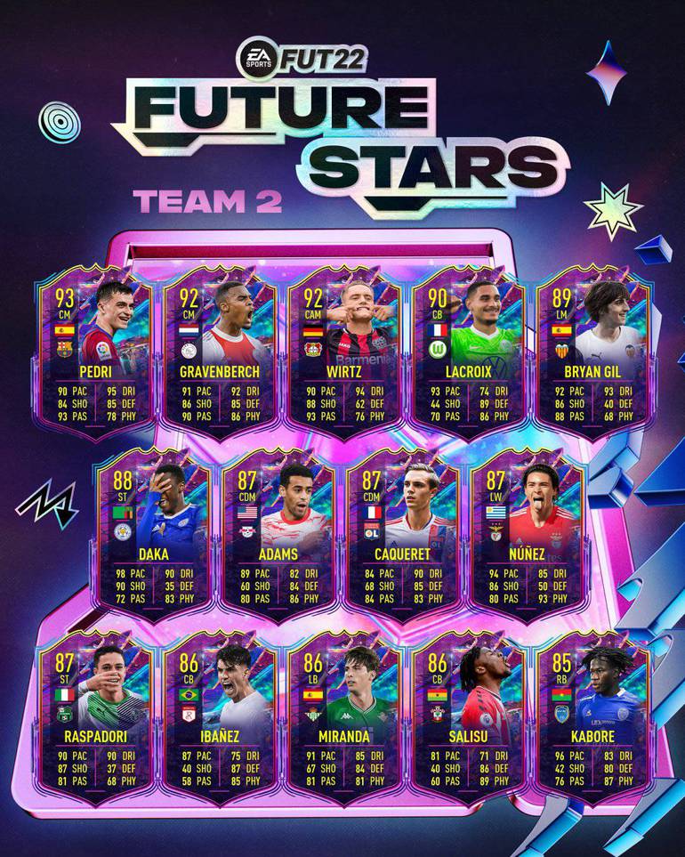 fifa 22 ea sports ultimate team future stars craques do futuro pedri barcelona gravenberch ajax wirtz bayer leverkusen lacroix wolfsburg bryan gil valencia daka leicester adams rb leipzig caqueret lyon raspadori sassuolo núñez benfica miranda real betis salisu southampton ibañez roma kabore troyes