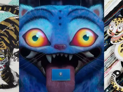 Obras da exposição Rota da Minhwa e, no centro, o tigre Derpy, de Guerreiras do K-Pop (Reprodução)