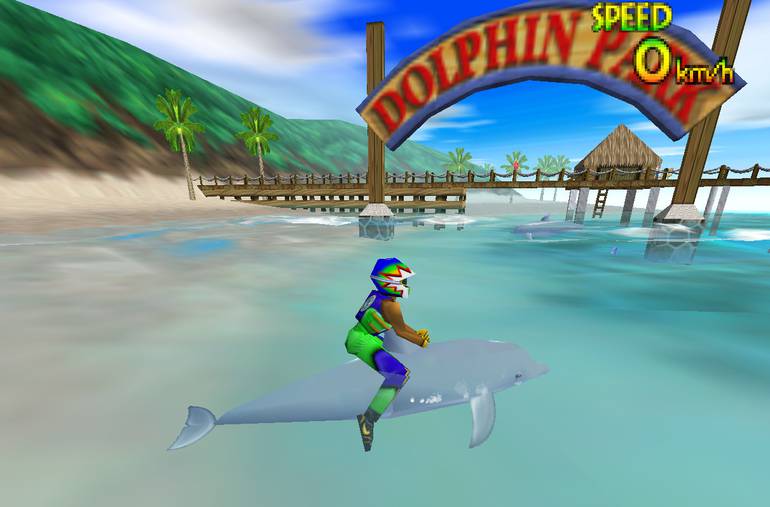 Imagem de Wave Race 64 mostra o personagem montado em cima de um golfinho