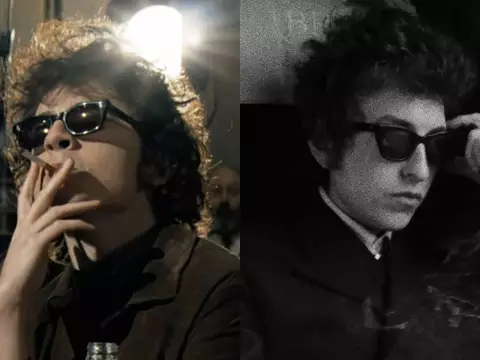 Timothée Chalamet como Bob Dylan em Um Completo Desconhecido
