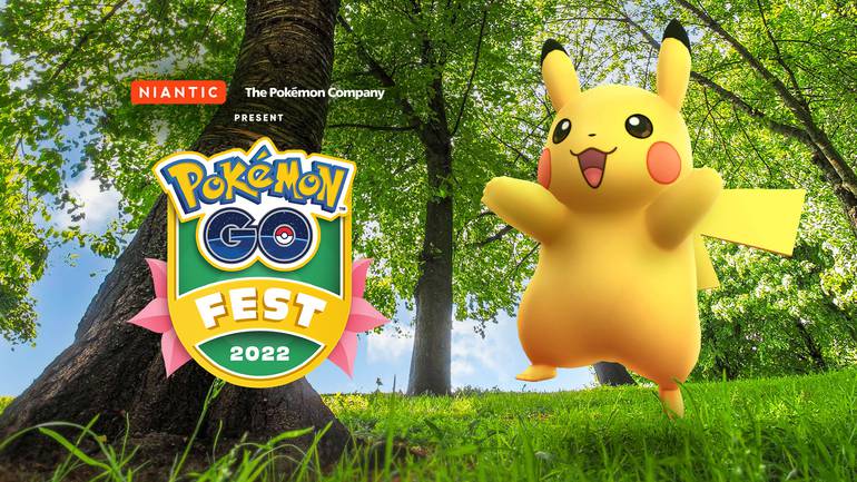 Imagem de divulgação do Pokémon GO Fest 2022 inclui um Pikachu sorrindo em uma floresta.