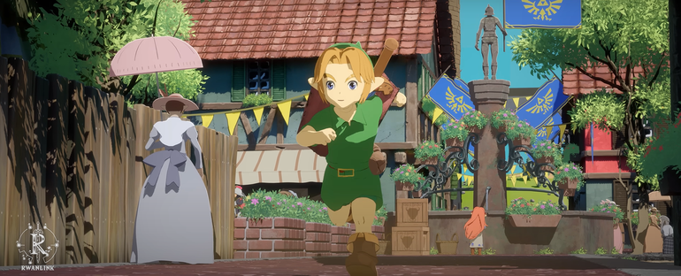 Imagem de animacao que mostra Zelda Ocarina of Time no estilo do Studio Ghibli