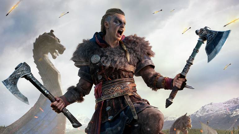 Imagem de divulgação de Assassin's Creed Valhalla mostra a versão feminina de Eivor brandindo dois machados, um em cada mão