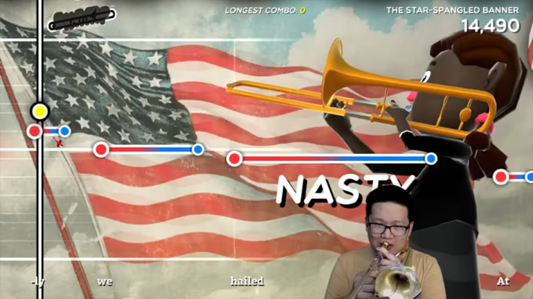 Imagem de jogador usando um trombone para tocar Trombone Champ