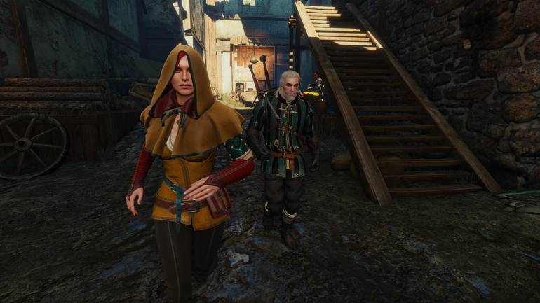 Triss e Geralt correm juntos.