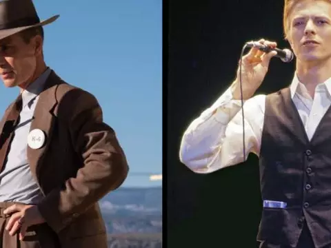 Cillian Murphy em cena de Oppenheimer e David Bowie na fase Young Americans (Reprodução/Montagem Omelete)