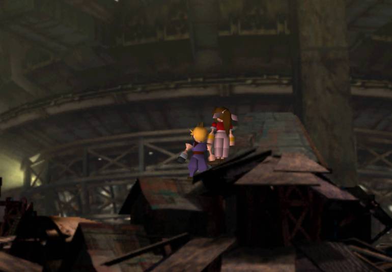 Cloud e Aerith juntos no telhado.