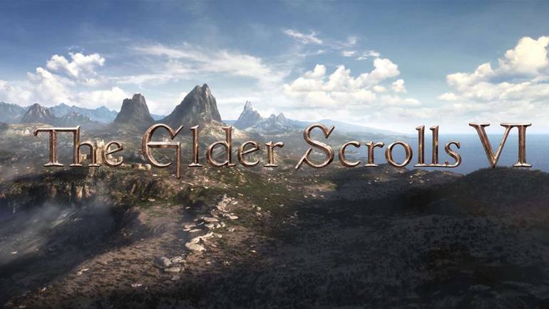 Logo de The Elder Scrolls VI, formato por letras finas e um metal dourado desgastado. Ao fundo do nome do game, se encontram algumas montanhas rochosas. 