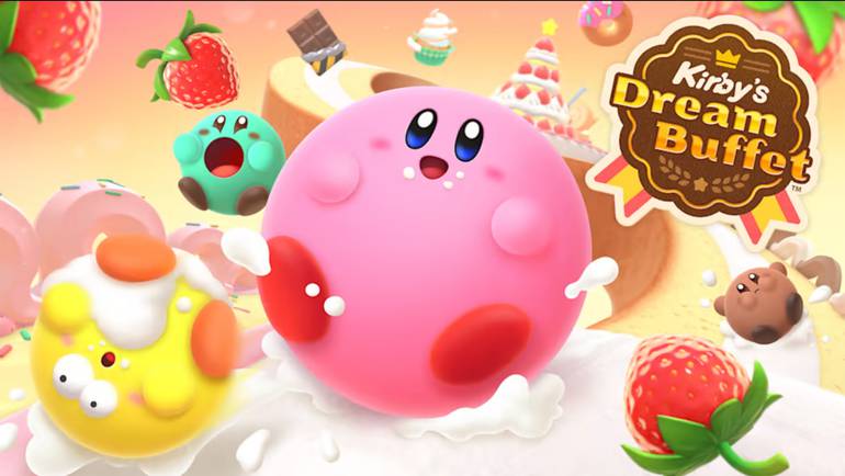 Imagem de divulgação de Kibry's Dream Buffet mostra quatro Kirbys gordinhos, nas cores rosa, verde, amarela e azul. Eles tem suas bocas cheias de comida e se encontram em um mundo repleto de doces, com um grande bolo de creme e morangos ao fundo. 