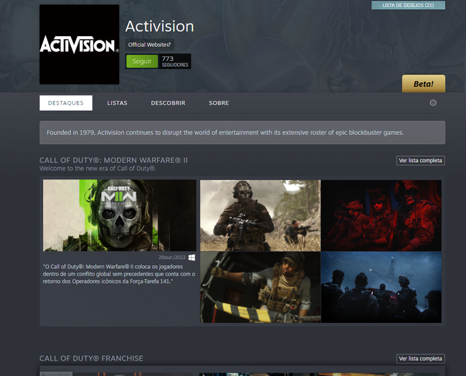 Página da Activision no Steam - Reprodução/Valve