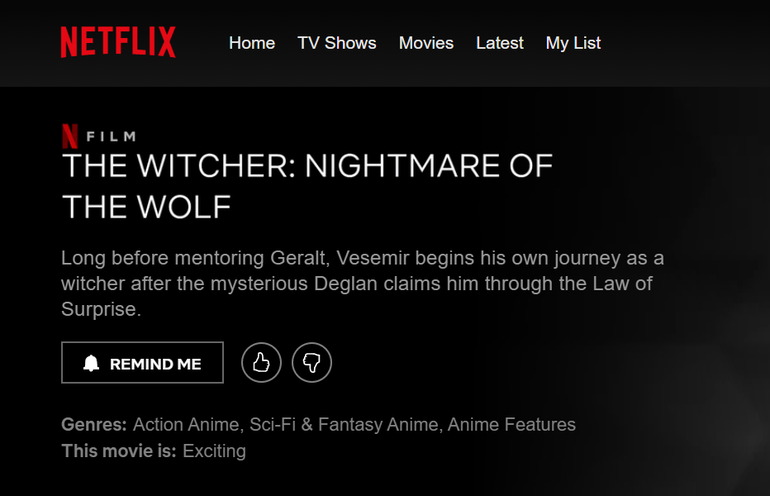 Imagem da página da animação The Witcher: Nightmare of the Wolf na Netflix