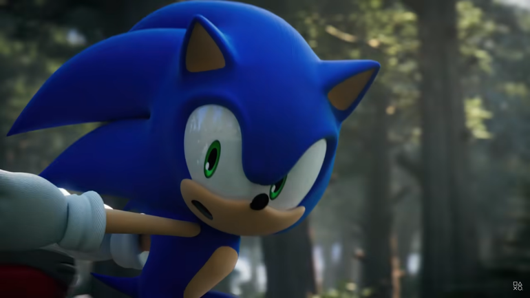 Sonic correndo pela floresta no jogo Frontiers.