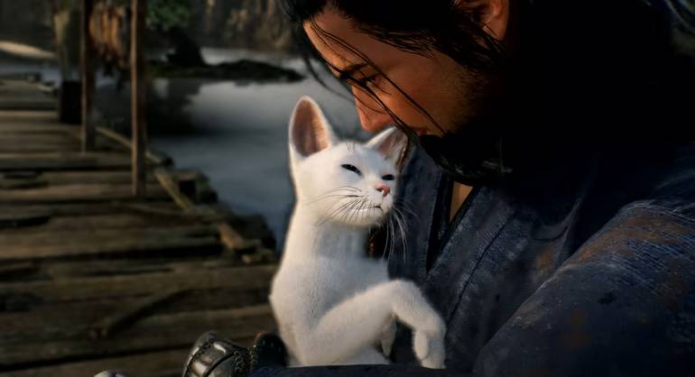 Protagonista fazendo carinho em gatos em Rise of the Ronin