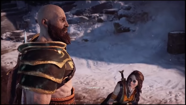 Imagem de gameplay de God of War (2018), com Freya, Baldur e Kratos
