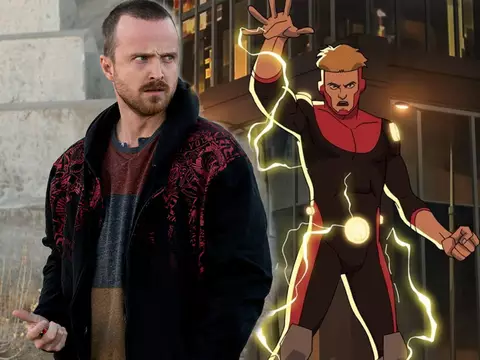 Montagem com fotos de Aaron Paul e Powerplex, seu personagem em Invencível