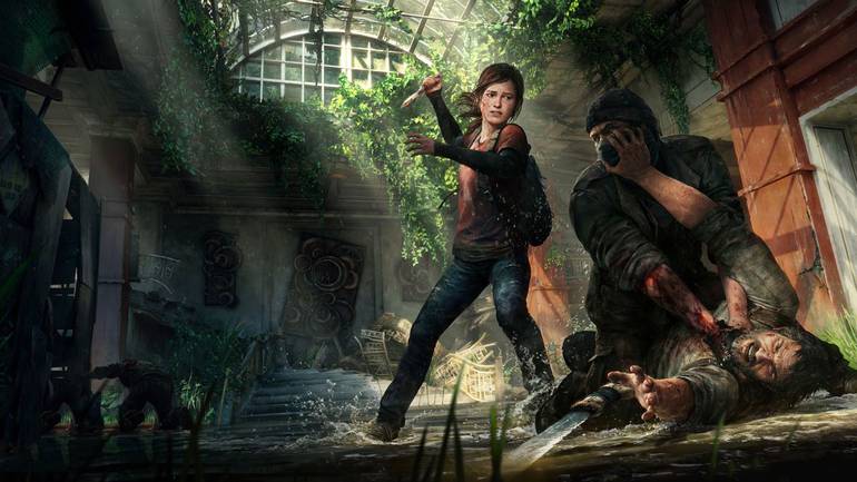 Arte oficial de The Last of Us mostra Ellie e Joel, à direita da imagem, trabalhando juntos para abater um inimigo. 