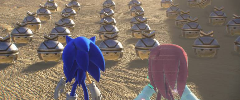 Sonic and Knuckles look at the Kocos soldiers.