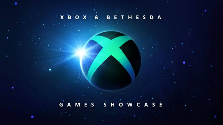 Imagem de divulgação da Xbox & Bethesda Showcase 2022, com o logo de Xbox em verde no centro da imagem e um fundo de céu azul escuro. 