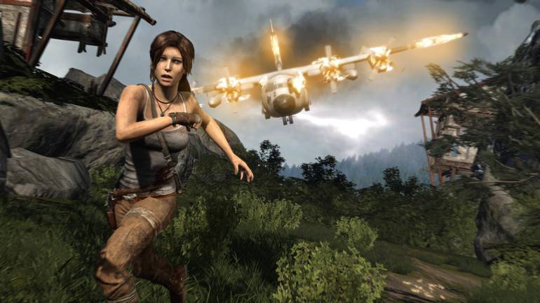 Lara Croft fugindo de avião.