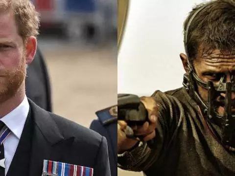 Príncipe Harry e Tom Hardy em Mad Max: Estrada da Fúria (LOIC VENANCE/AFP/Reprodução/Montagem Omelete)