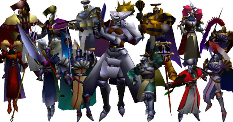 Imagem dos 13 cavaleiros invocados com a Materia de Knights of the Round em Final Fantasy 7 no PS1